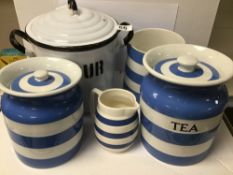THREE PIECES OF T.G GREEN A/F WITH A CORNISH WARE JUG AND ENAMEL LIDDED TOP FLOUR TIN