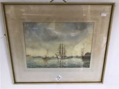 J H POWELL FRAMED AND GLAZED WATERCOLOUR OF BOATS IN THE HARBOUR 54 X 47 CM