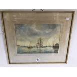 J H POWELL FRAMED AND GLAZED WATERCOLOUR OF BOATS IN THE HARBOUR 54 X 47 CM