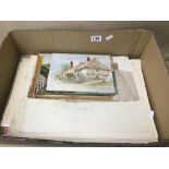 A BOX OF MIXED PICTURES, PAINTINGS, SKETCHES AND PRINTS