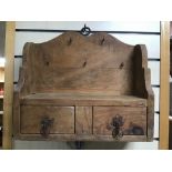 TWO WALL HANGING PIECES INCLUDING A TWO DRAWER WOODEN SHELF AND WIRE COAT HOOKS