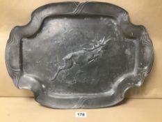 A LARGE PEWTER PLATTER BY ORIVIT ART NOUVEAU WITH A STAG LEAPING 54 X 38CMS