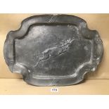 A LARGE PEWTER PLATTER BY ORIVIT ART NOUVEAU WITH A STAG LEAPING 54 X 38CMS