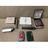 A MIXED BOX OF SMOKING RELATED ITEMS INCLUDING A RONSON LIGHTER AND A UNOPENED BOX OF HOUSE OF