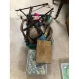 A CRATE OF MIXED ITEMS INCLUDING STOOL ETC