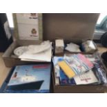 A MIXED BOX OF CUNARD AND QE2 ITEMS INCLUDING BOOKS, TOWEL, EPHEMERA, DECANTER AND CHINA