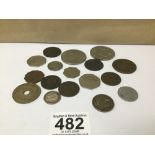 A MIX OF CIRCULATED COINAGE, INCLUDING 1814 WELLINGTON HALF PENNY TOKEN, 1853 VICTORIA PENNY,