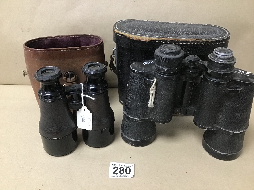 TWO PAIRS OF EARLY BINOCULARS; THE GREGORY BISLEY AND ROYAL 7X50 NO 76033, BOTH CASED