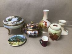 MIXED CHINA ITEMS INCLUDING THREE PIECES OF MINTON PALLISY WARE, ROYAL CROWN DERBY, NORITAKE, AND