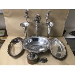 MIXED SILVER PLATE ITEMS INCLUDING A PAIR OF VASES AND CANDLEABRA