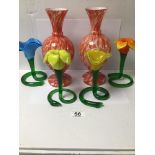 SIX VINTAGE COLOURED GLASS VASES OF WHICH FOUR ARE FLOWER SHAPED