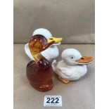 TWO CHINA DUCKS WITH A GLASS DUCK PAPERWEIGHT