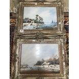 A PAIR OF ORNATE FRAMED OILS ON BOARD SIGNED CHARLES COMBER BOTH OF WINTER SCENES 55 X 45 CM