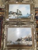A PAIR OF ORNATE FRAMED OILS ON BOARD SIGNED CHARLES COMBER BOTH OF WINTER SCENES 55 X 45 CM