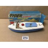 A TIGER CLOCKWORK SPEED BOAT IN ORIGINAL BOX, 'A SUTCLIFFE TOY'