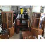 TWO MID CENTURY TEAK CORNER DISPLAY UNITS WITH BOTTOM STORAGE