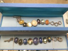 TWO MODERN SILVER BRACELETS MOUNTED WITH SEMI PRECIOUS STONES, BOTH BOXED, 84G