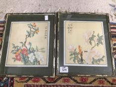 TWO FRAMED AND GLAZED ORIENTAL PAINTING ON SILK 32 X 27 CM
