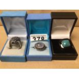 A GROUP OF THREE MODERN SILVER LADIES DRESS RINGS, EACH SET WITH A SEMI PRECIOUS STONE, 36G, ALL