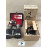 THREE MIXED COLLECTABLES PAIR OF FIELD BINOCULARS, NO1 STUDENTS MICROSCOPE (BOXED), AND A BOXED ARPO