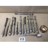 A COLLECTION OF SILVER AND SILVER PLATE HANDLED CUTLERY, TOGETHER WITH A SILVER NAPKIN RING