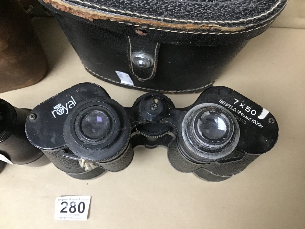 TWO PAIRS OF EARLY BINOCULARS; THE GREGORY BISLEY AND ROYAL 7X50 NO 76033, BOTH CASED - Image 2 of 3