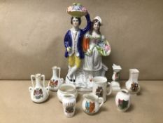 NINE PIECES OF CRESTED CHINA, TOGETHER WITH A STAFFORDSHIRE FLAT BACK
