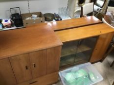 THREE MID CENTURY PIECES OF FURNITURE INCLUDING TWO BOOKCASE DISPLAY CABINETS WITH A 1970S