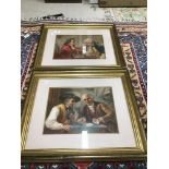 TWO GILDED FRAMED AND GLAZED PRINTS OF GENTLEMEN PLAY CHESS AND CARDS 53 X 45 CM