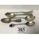 A CHILDS SILVER SPOON AND FORK, ENGRAVED WITH FLORAL MOTIFS, TOGETHER WITH THREE OTHER HALLMARKED