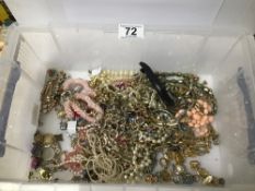 A BOX OF ASSORTED COSTUME JEWELLERY, INCLUDING CHAINS, WRISTWATCHES ETC