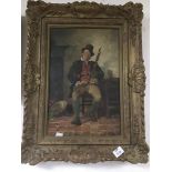 A FRAMED OIL ON CANVAS SIGNED OF A MAN WITH BAG PIPES 47 X 61 CM