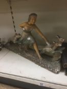 A LARGE ART DECO CHALK FIGURE WITH ANIMALS 68CMS. (A/F)