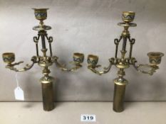 AN ORNATE PAIR OF ORMULU THREE BRANCH CANDLEABRA WITH ENAMEL DETAILING, 27CM HIGH