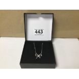 A 9CT WHITE GOLD NECKLACE WITH BOW PENDANT, MOUNTED WITH CZ'S, 2.4G