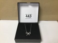 A 9CT WHITE GOLD NECKLACE WITH BOW PENDANT, MOUNTED WITH CZ'S, 2.4G