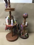 TWO COTTON REEL STANDS, UPON WHICH INCLUDE NUMEROUS LIBERTY PIN CUSHIONS ETC