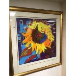 A FRAMED AND GLAZED LIMITED EDITION PRINT BY SIMON BULL SUNFLOWER 103 X 107 CM