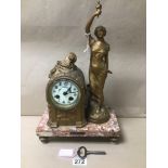 AN EARLY 20TH CENTURY GILT METAL MANTLE CLOCK RAISED UPON MARBLE BASE, TITLED ROSE DE MAI PAR