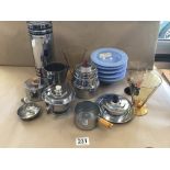 MIXED ITEMS INCLUDING CHROME ART DECO COCKTAIL SHAKER AND MORE WITH VINTAGE BLUE GLASS BOWLS