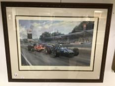 A SIGNED LIMITED EDITION PRINT BY ALAN FERNLEY TITLED CLOSE FINISH FRAMED AND GLAZED 80 X 64 CM