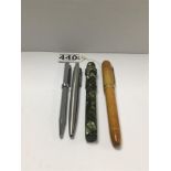 FOUR VINTAGE PENS, INCLUDING AN MERCANTILE FOUNTAIN PEN, PARKER BALLPOINT, MARKSMEN AND ANOTHER