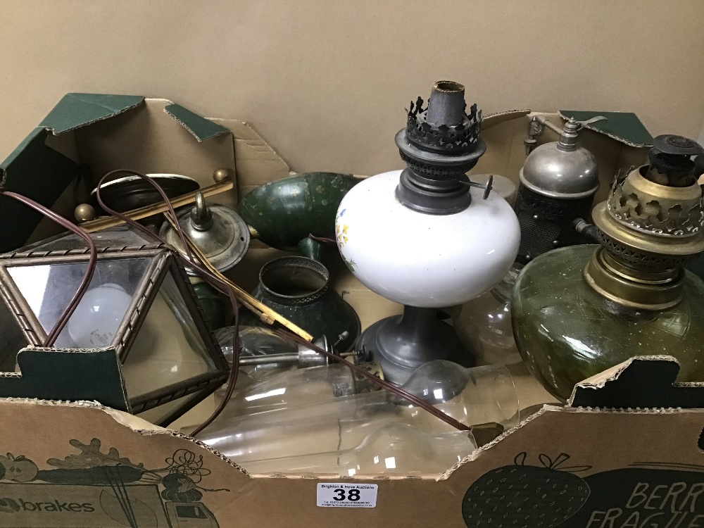 VARIOUS VINTAGE LIGHTING, INCLUDING GLASS OIL LAMPS WITH FUNNELS, CEILING LIGHT ETC