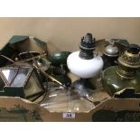 VARIOUS VINTAGE LIGHTING, INCLUDING GLASS OIL LAMPS WITH FUNNELS, CEILING LIGHT ETC