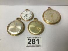 FOUR GOLD PLATED POCKET WATCHES, INCLUDING AN ORIS, ROAMER AND BULER