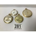 FOUR GOLD PLATED POCKET WATCHES, INCLUDING AN ORIS, ROAMER AND BULER