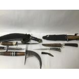 A QUANTITY OF KNIVES/DAGGERS SOME SHEATHED, INCLUDING WILLIAM ROGERS, HORN HANDLE AND A KUKRI KNIFE