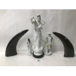 THREE PORCELAIN ORIENTAL FIGURES LARGEST 28 CM WITH TWO PIECES OF ANIMAL HORNS 18 CM