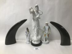 THREE PORCELAIN ORIENTAL FIGURES LARGEST 28 CM WITH TWO PIECES OF ANIMAL HORNS 18 CM