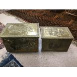 TWO BRASS SLIPPER BOXES BOTH HAVING EMBOSSED CLASSICAL SCENES